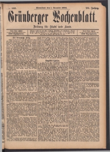 Grünberger Wochenblatt: Zeitung für Stadt und Land, No. 141. (1. December 1894)