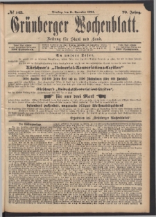Gr&uuml;nberger Wochenblatt: Zeitung f&uuml;r Stadt und Land, No. 145. (11. December 1894)
