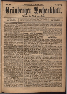 Gr&uuml;nberger Wochenblatt: Zeitung f&uuml;r Stadt und Land, No. 20. (14. Februar 1895)