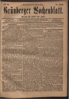 Gr&uuml;nberger Wochenblatt: Zeitung f&uuml;r Stadt und Land, No. 21. (16. Februar 1895)