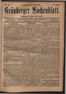Gr&uuml;nberger Wochenblatt: Zeitung f&uuml;r Stadt und Land, No. 22. (19. Februar 1895)