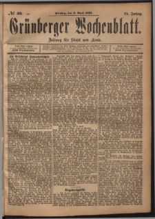 Gr&uuml;nberger Wochenblatt: Zeitung f&uuml;r Stadt und Land, No. 43. (9. April 1895)