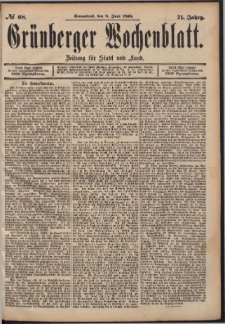 Gr&uuml;nberger Wochenblatt: Zeitung f&uuml;r Stadt und Land, No. 68. (8. Juni 1895)