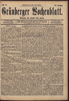 Gr&uuml;nberger Wochenblatt: Zeitung f&uuml;r Stadt und Land, No. 71. (15. Juni 1895)