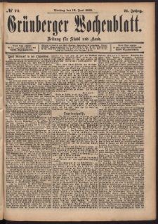 Gr&uuml;nberger Wochenblatt: Zeitung f&uuml;r Stadt und Land, No. 72. (18. Juni 1895)
