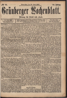 Gr&uuml;nberger Wochenblatt: Zeitung f&uuml;r Stadt und Land, No. 73. (20. Juni 1895)