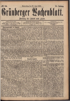 Gr&uuml;nberger Wochenblatt: Zeitung f&uuml;r Stadt und Land, No. 76. (27. Juni 1895)