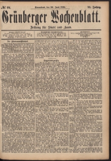 Gr&uuml;nberger Wochenblatt: Zeitung f&uuml;r Stadt und Land, No. 77. (29. Juni 1895)