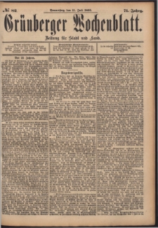 Gr&uuml;nberger Wochenblatt: Zeitung f&uuml;r Stadt und Land, No. 82. (11. Juli 1895)
