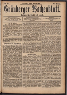 Gr&uuml;nberger Wochenblatt: Zeitung f&uuml;r Stadt und Land, No. 94. (8. August 1895)