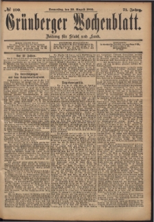 Gr&uuml;nberger Wochenblatt: Zeitung f&uuml;r Stadt und Land, No. 100. (22. August 1895)