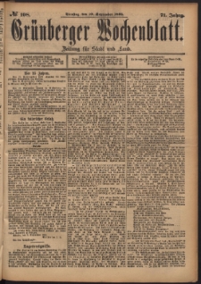 Gr&uuml;nberger Wochenblatt: Zeitung f&uuml;r Stadt und Land, No. 108. (10. September 1895)