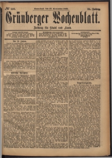 Gr&uuml;nberger Wochenblatt: Zeitung f&uuml;r Stadt und Land, No. 110. (14. September 1895)