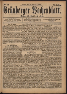 Gr&uuml;nberger Wochenblatt: Zeitung f&uuml;r Stadt und Land, No. 111. (17. September 1895)