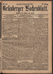 Gr&uuml;nberger Wochenblatt: Zeitung f&uuml;r Stadt und Land, No. 112. (19. September 1895)