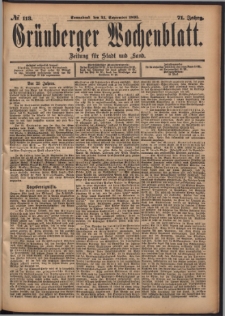 Gr&uuml;nberger Wochenblatt: Zeitung f&uuml;r Stadt und Land, No. 113. (21. September 1895)