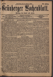 Gr&uuml;nberger Wochenblatt: Zeitung f&uuml;r Stadt und Land, No. 18. (11. Februar 1897)