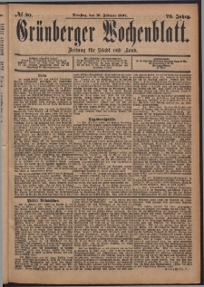 Gr&uuml;nberger Wochenblatt: Zeitung f&uuml;r Stadt und Land, No. 20. (16. Februar 1897)