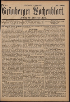 Gr&uuml;nberger Wochenblatt: Zeitung f&uuml;r Stadt und Land, No. 92. (3. August 1897)