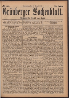 Gr&uuml;nberger Wochenblatt: Zeitung f&uuml;r Stadt und Land, No. 100. (21. August 1897)