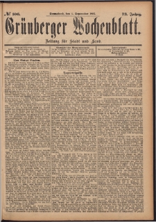 Gr&uuml;nberger Wochenblatt: Zeitung f&uuml;r Stadt und Land, No. 106. (4. September 1897)
