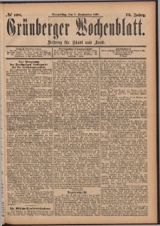 Gr&uuml;nberger Wochenblatt: Zeitung f&uuml;r Stadt und Land, No. 108. (9. September 1897)