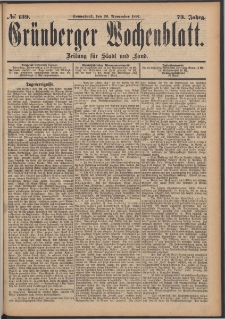 Gr&uuml;nberger Wochenblatt: Zeitung f&uuml;r Stadt und Land, No. 139. (20. November 1897)