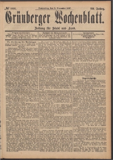 Gr&uuml;nberger Wochenblatt: Zeitung f&uuml;r Stadt und Land, No. 144. (2. December 1897)