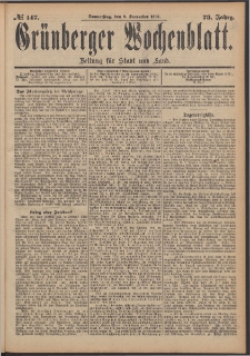 Gr&uuml;nberger Wochenblatt: Zeitung f&uuml;r Stadt und Land, No. 147. (9. December 1897)
