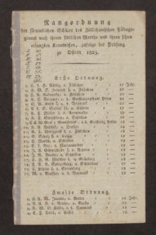 Rangordnung der sämmtlichen Schüler des Züllichauischen Pädagogiums nach ihrem sittlichen Werthe und ihren schon erlangten Kenntnissen, zufolge der Prüfung zu Ostern 1823