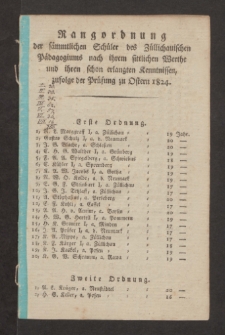 Rangordnung der sämmtlichen Schüler des Züllichauischen Pädagogiums nach ihrem sittlichen Werthe und ihren schon erlangten Kenntnissen, zufolge der Prüfung zu Ostern 1824