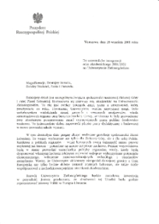 [List gratulacyjny Prezydenta Rzeczypospolitej Polskiej z okazji pierwszej inauguracji roku akademickiego na Uniwersytecie Zielonogórskim]