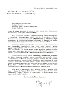 [List gratulacyjny Prezesa Rady Ministrów Rzeczypospolitej Polskiej z okazji pierwszej inauguracji roku akademickiego na Uniwersytecie Zielonogórskim]