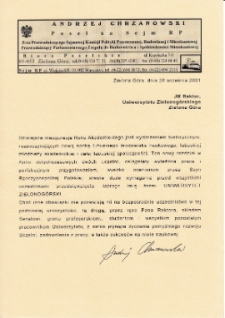 [List gratulacyjny posła na Sejm Rzeczypospolitej Polskiej z okazji pierwszej inauguracji roku akademickiego na Uniwersytecie Zielonogórskim]