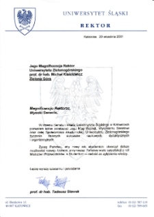 [List gratulacyjny Rektora Uniwersytetu Śląskiego z okazji pierwszej inauguracji roku akademickiego na Uniwersytecie Zielonog&oacute;rskim]