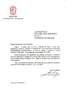[List gratulacyjny Rektora Uniwersytetu Opolskiego z okazji pierwszej inauguracji roku akademickiego na Uniwersytecie Zielonogórskim]