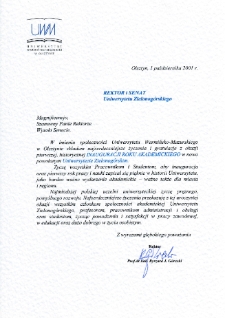 [List gratulacyjny Rektora Uniwersytetu Warmińsko-Mazurskiego z okazji pierwszej inauguracji roku akademickiego na Uniwersytecie Zielonogórskim]