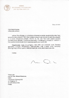 [List gratulacyjny Rektora Žilinskej Univerzity z okazji pierwszej inauguracji roku akademickiego na Uniwersytecie Zielonogórskim]