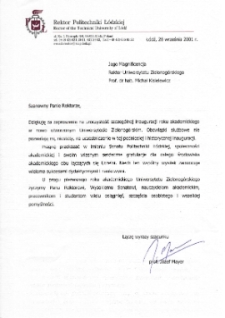 [List gratulacyjny Rektora Politechniki Łódzkiej z okazji pierwszej inauguracji roku akademickiego na Uniwersytecie Zielonogórskim]
