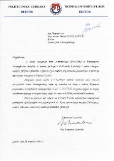 [List gratulacyjny Rektora Politechniki Lubelskiej z okazji pierwszej inauguracji roku akademickiego na Uniwersytecie Zielonogórskim]
