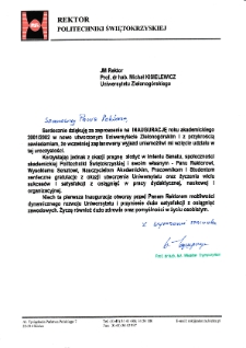 [List gratulacyjny Rektora Politechniki Świętokrzyskiej z okazji pierwszej inauguracji roku akademickiego na Uniwersytecie Zielonogórskim]