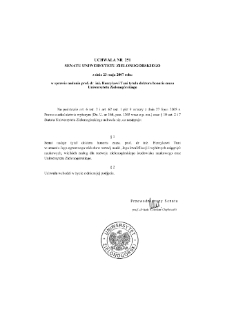 Uchwała nr 251 Senatu Uniwersytetu Zielonogórskiego z dnia 23 maja 2007 roku w sprawie nadania prof. dr. inż. Henrykowi Tuni tytułu doktora honoris causa Uniwersytetu Zielonogórskiego