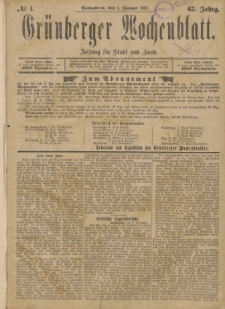 Gr&uuml;nberger Wochenblatt: Zeitung f&uuml;r Stadt und Land, No. 1. (1. Januar 1887)