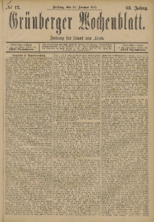 Grünberger Wochenblatt: Zeitung für Stadt und Land, No. 12. (28. Januar 1887)