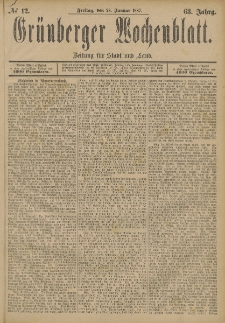 Grünberger Wochenblatt: Zeitung für Stadt und Land, No. 12. (28. Januar 1887)