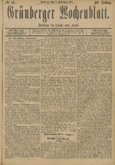 Gr&uuml;nberger Wochenblatt: Zeitung f&uuml;r Stadt und Land, No. 15. (4. Februar 1887)