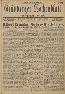Gr&uuml;nberger Wochenblatt: Zeitung f&uuml;r Stadt und Land, No. 19. (13. Februar 1887)