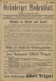 Gr&uuml;nberger Wochenblatt: Zeitung f&uuml;r Stadt und Land, No. 20. (16. Februar 1887)