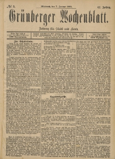 Gr&uuml;nberger Wochenblatt: Zeitung f&uuml;r Stadt und Land, No. 3. (7. Januar 1891)