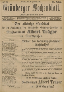 Gr&uuml;nberger Wochenblatt: Zeitung f&uuml;r Stadt und Land, No. 22. (20. Februar 1887)